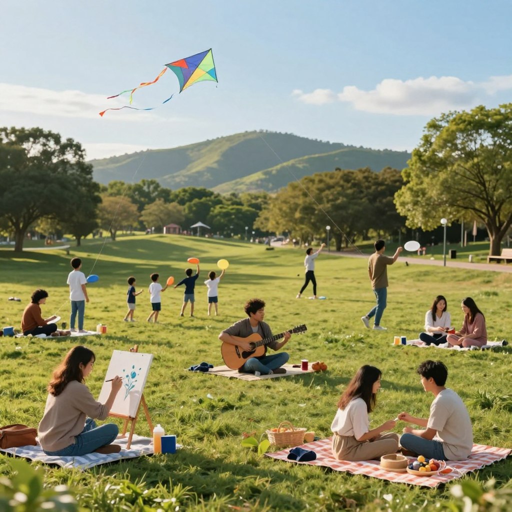 A vibrant scene showcasing a variety of leisure activities. In the foreground, a diverse group of people in casual, modest clothing are engaged in different hobbies: a woman painting on a canvas, a man playing guitar, and a couple enjoying a picnic. The middle ground features a lush park with children flying kites, adults practicing yoga, and friends playing frisbee. In the background, rolling green hills and a clear blue sky create a serene atmosphere. The lighting is soft and warm, resembling golden hour, enhancing the joyful ambiance. The scene is captured with a slightly elevated perspective, allowing a comprehensive view of the dynamic activities while maintaining a sense of warmth and community.