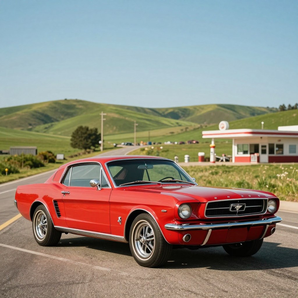 A vintage Ford Mustang, showcasing the iconic design that made it a symbol of American muscle cars. The foreground features a brilliantly restored 1960s model in vibrant red, parked on a sunlit road with its chrome details gleaming. In the middle ground, a gently winding road leads through a picturesque countryside, with rolling green hills and a clear blue sky. The background includes faint silhouettes of vintage gas stations and classic diners, evoking a nostalgic feel of the era. Soft, warm lighting illuminates the scene, creating a sense of nostalgia and excitement. The camera angle is slightly low, emphasizing the Mustang's powerful stance and sleek lines, capturing the essence of its historical significance in automotive culture. The overall mood is celebratory and reverent, perfect for highlighting the storied legacy of the Ford Mustang.