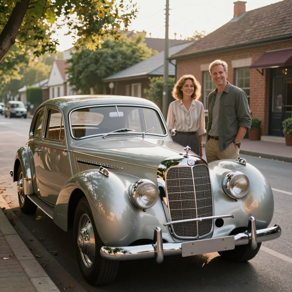 A vintage Mercedes-Benz car, showcasing its elegant curves and classic design, sits in the foreground, reflecting sunlight off its polished chrome accents. The car is parked on a quiet, tree-lined street, surrounded by lush greenery and a few charming, old brick buildings in the background, giving a nostalgic feel of the past. In the middle ground, a male and female owner, dressed in modest casual clothing, stand proudly beside the car, their expressions filled with joy and nostalgia, capturing the essence of ownership. The soft afternoon sunlight bathes the scene in warm tones, enhancing the vintage atmosphere. The angle is slightly from below, highlighting the car’s iconic grille and the proud stances of the owners. Overall, the image reflects a sense of pride and connection to automotive history, evoking feelings of nostalgia and appreciation for classic cars.