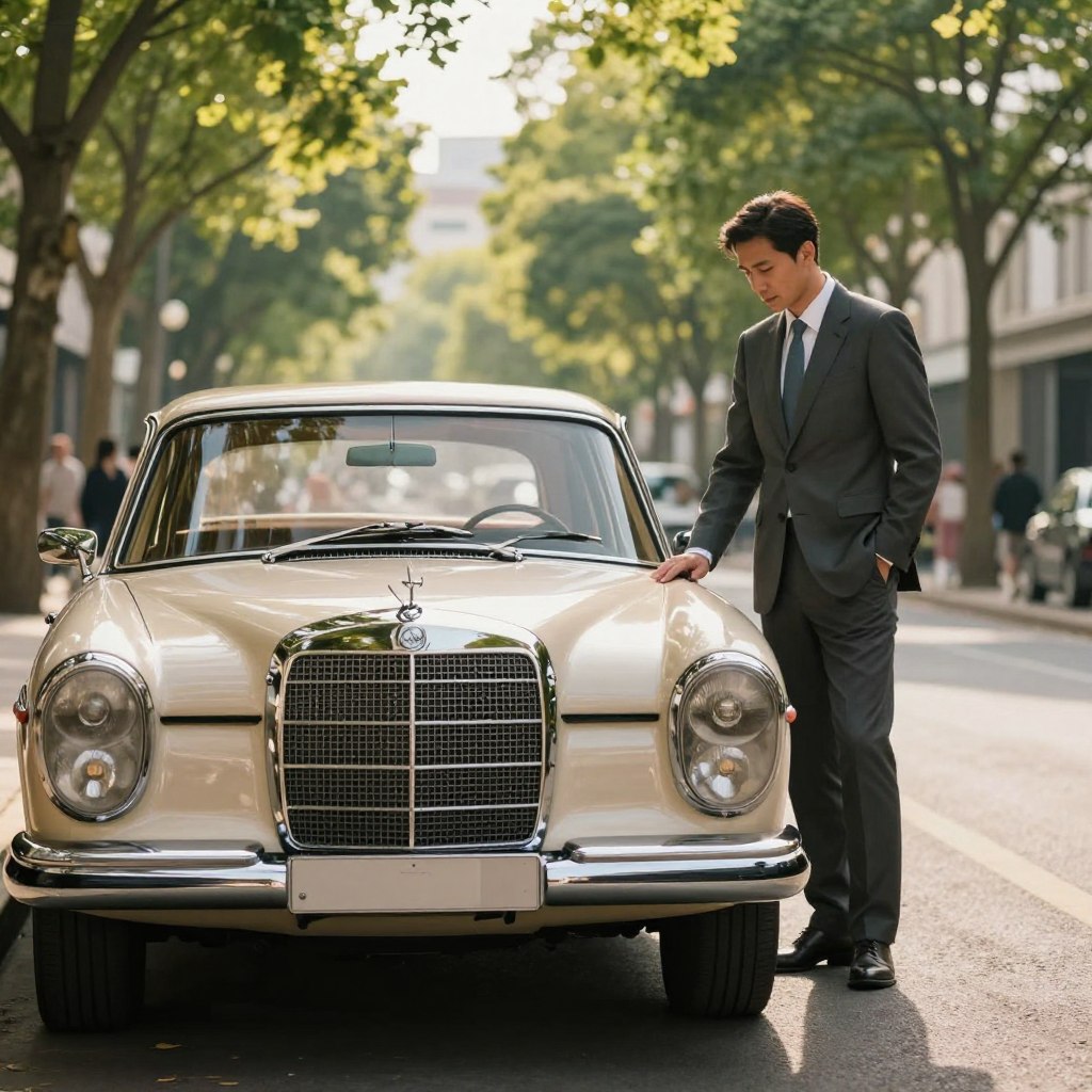 A vintage Mercedes-Benz classic car, gleaming under soft afternoon sunlight, parked elegantly on a scenic street lined with lush green trees. The foreground shows the detailed front grille and headlight, reflecting a classic design from the late 20th century. In the middle ground, a confident professional in a tailored suit stands next to the car, examining it thoughtfully, embodying the timeless elegance of the vehicle. The background features a blurred image of a lively cityscape, hinting at a bustling economy in 2025. The scene is captured from a low angle, emphasizing the car's stature and charm, with a warm, inviting atmosphere that evokes nostalgia and anticipation for future value appreciation.