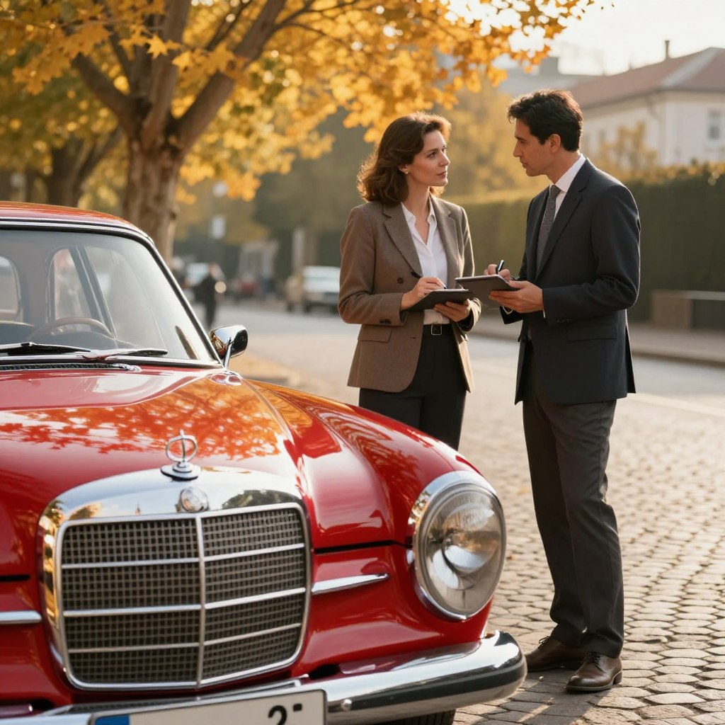A vintage Mercedes-Benz in vibrant red, parked elegantly on a cobblestone street, showcasing its timeless design and classic contours. The foreground features close-up details of its polished chrome grille and iconic emblem, reflecting soft autumn sunlight. In the middle ground, a well-dressed couple in professional attire discuss with a mechanic, who is jotting notes on a tablet, emphasizing the theme of maintenance costs. In the background, lush trees with golden leaves frame the scene, adding warmth and nostalgia. The lighting is warm and inviting, capturing the essence of late afternoon. Use a slight depth of field to create focus on the car and the couple, with a gentle bokeh effect on the background, evoking a sense of history and elegance.