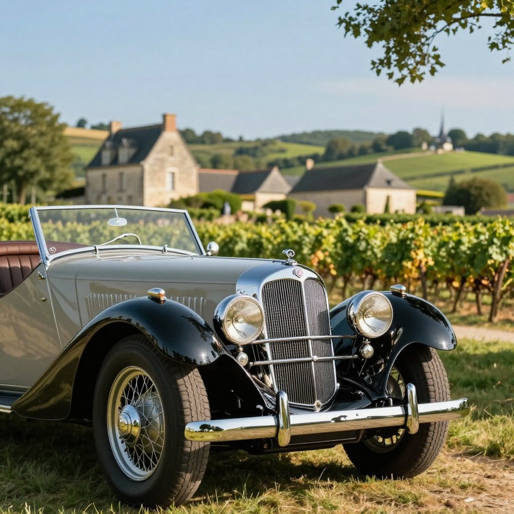 A vintage Mercedes Marc car parked elegantly in a picturesque French countryside setting. In the foreground, showcase the car's shiny chrome grille and polished bodywork, reflecting the warm afternoon sunlight. In the middle ground, display lush green fields and classic French architecture, like stone farmhouses and rolling hills, under a clear blue sky. The background should feature softly blurred vineyards, evoking the rich culture of vintage car collectors in France. Use soft, natural lighting to create a nostalgic atmosphere. Capture the scene with a slight low-angle viewpoint to emphasize the grandeur of the vintage vehicle against the serene landscape. The mood should be warm, inviting, and reminiscent of classic automotive elegance.