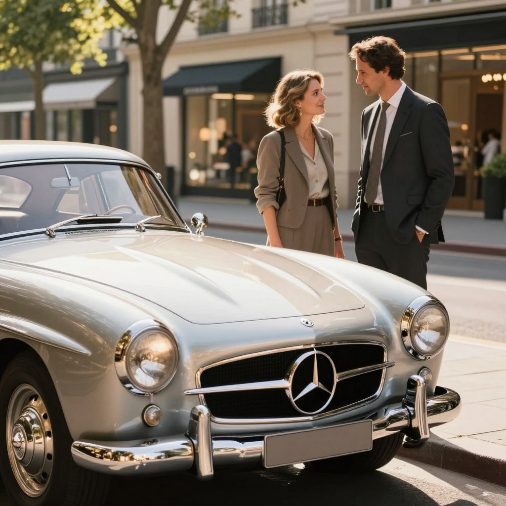 A vintage Mercedes Marc car parked in an upscale, sunlit city setting, showcasing its timeless design with chrome accents and classic lines. In the foreground, the gleaming headlights reflect the warm afternoon sun, while the car's sleek curves draw attention. In the middle ground, a stylish, well-dressed couple examines the car, dressed in professional attire, their expressions showing appreciation and interest. The background features artfully blurred elements of a sophisticated urban landscape, such as boutique shops and leafy trees. The overall mood is one of nostalgia and luxury, enhancing the sense of a refined lifestyle associated with owning a vintage Mercedes. Natural light bathes the scene, highlighting the car's detail and enhancing the romanticism of classic automobiles.