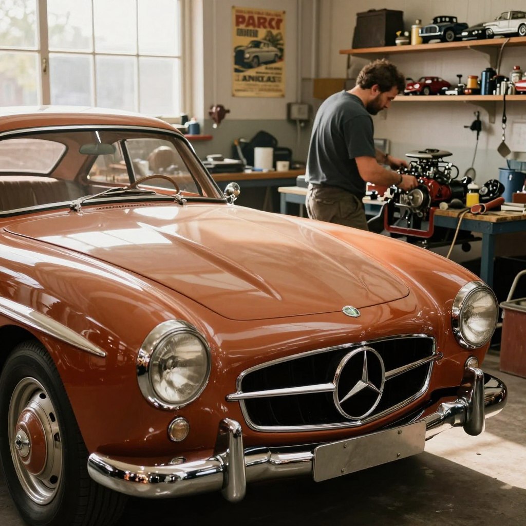 A vintage Mercedes Marc in the midst of restoration, prominently showcased in the foreground with gleaming chrome details and a polished body. The car's elegant curves are accentuated by soft, warm sunlight filtering through a workshop window, illuminating the rich colors of the paint and highlighting the meticulous craftsmanship involved in its restoration. In the middle ground, a skilled mechanic, dressed in smart casual attire, is attentively working on the engine, surrounded by various tools and spare parts, showcasing a dedicated workspace. The background features shelves filled with vintage car memorabilia and faded posters, evoking nostalgia for classic automotive design. The overall mood is one of passion and craftsmanship, capturing the essence of restoring a beloved classic.