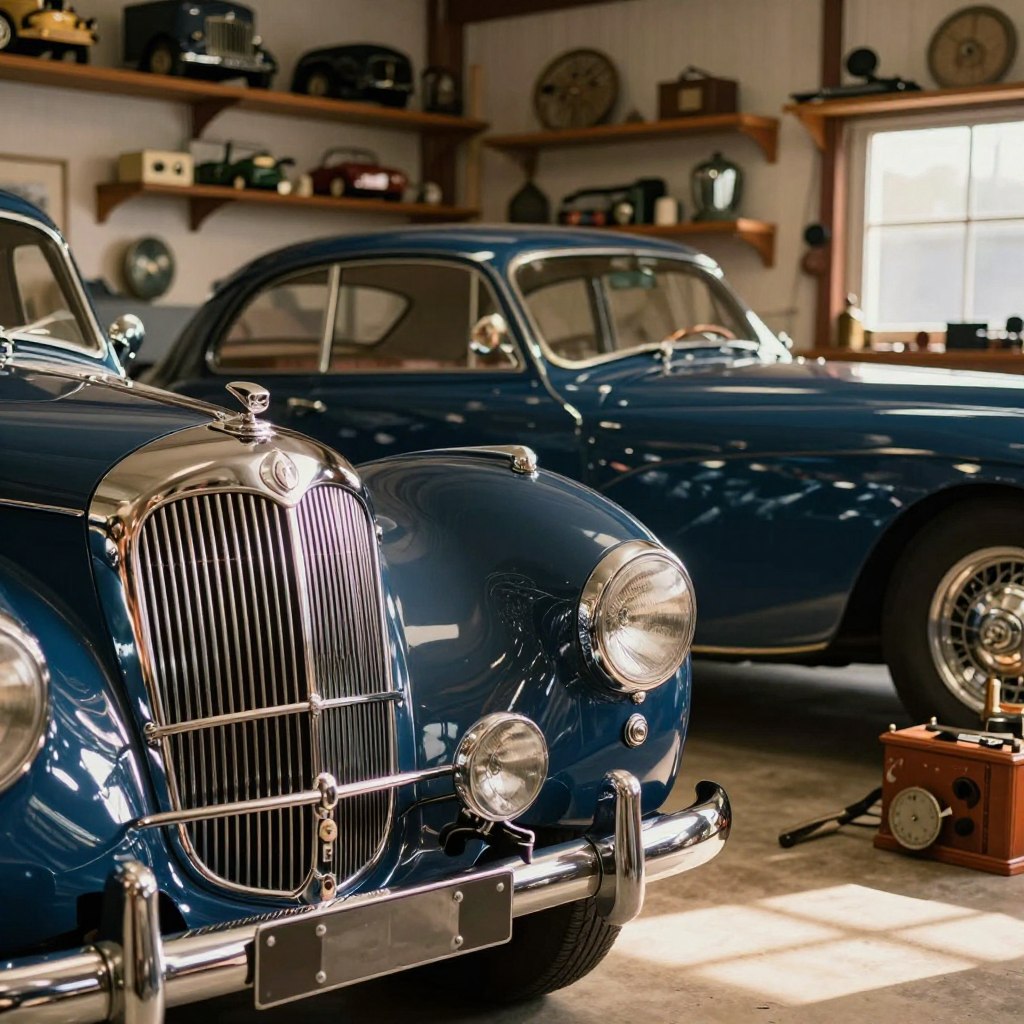 A vintage Mercedes Marc, showcasing its classic sleek lines and luxurious details, prominently displayed in a sunlit garage. The foreground features the car's polished chrome grille glimmering under warm, soft lighting, emphasizing its elegance. In the middle, the car's deep blue exterior contrasts with the rich wooden surfaces and vintage tools that surround it, creating an atmosphere of nostalgia and craftsmanship. In the background, shelves filled with antique car memorabilia softly fade, adding context without distracting from the car. The lens captures a slight angle, giving depth to the image while preserving the iconic profile of the Mercedes. The mood is tranquil yet inquisitive, perfectly suited for an exploration of vintage luxury car values.
