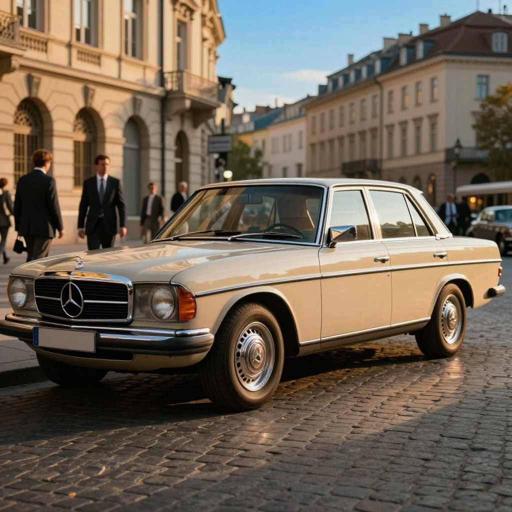 A vintage Mercedes W123, elegantly parked on a cobblestone street, showcasing its iconic boxy silhouette and chrome accents, bathed in warm golden hour sunlight. In the foreground, a pristine example of the car with polished paint reflecting the surroundings, emphasizing its timeless design. In the middle, hints of bustling city life with classic architecture and people in professional business attire casually strolling by, presenting the W123 as a symbol of cultural significance. The background features soft-focus city buildings under an inviting blue sky. The scene conveys a nostalgic and sophisticated atmosphere, evoking the charm of the late 20th century, with rich colors and sharp details. Use a shallow depth of field for a cinematic effect.