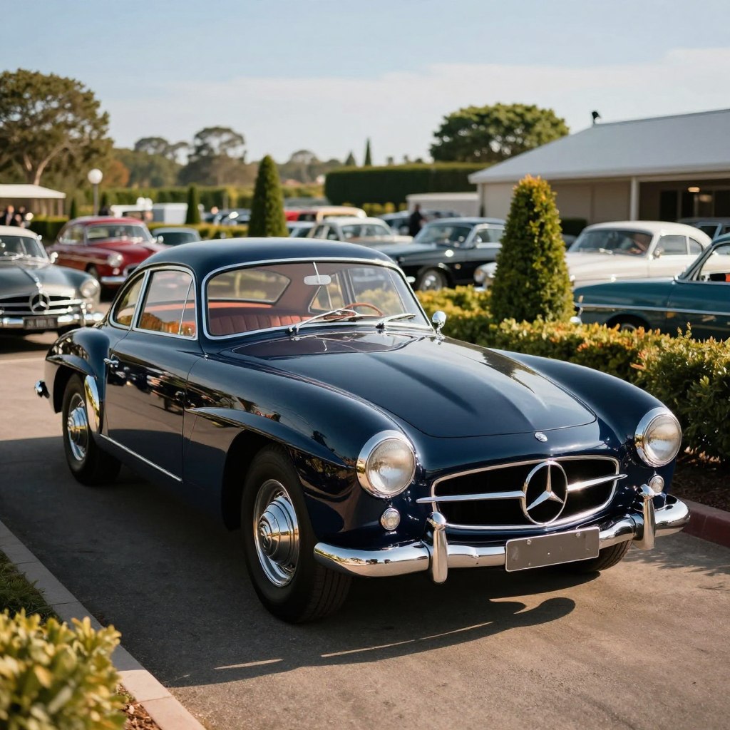 A vintage Mercedes car for sale, showcasing its elegant curves and classic chrome accents in the foreground. The car is painted a striking deep navy blue with gleaming details that reflect the sunlight. Surrounding the vehicle, a well-maintained outdoor classic car dealership setting features polished asphalt and rows of nature-inspired landscaping, adding a touch of luxury. The background should include a soft-focus view of additional classic cars and a clear blue sky, emphasizing the theme of luxury and passion for vintage automobiles. The lighting is warm and inviting, casting soft shadows to enhance the car's contours. The atmosphere is nostalgic yet vibrant, appealing to car enthusiasts and collectors alike.