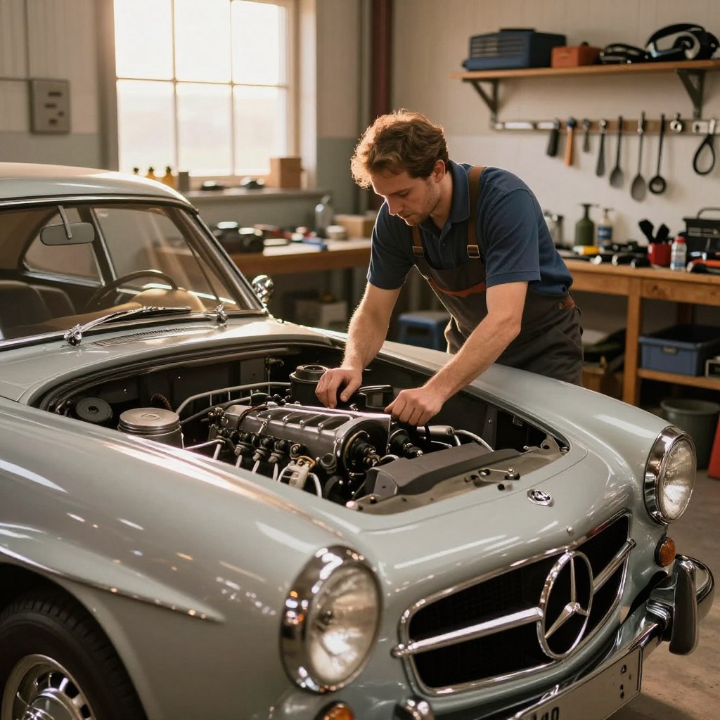 A vintage Mercedes car in pristine condition, prominently displayed in the foreground, showcasing its elegant curves and luxurious chrome details. The scene captures a well-dressed mechanic in professional attire, carefully inspecting the engine compartment, illuminated by soft, warm lighting that highlights the car's gleaming paint. In the middle ground, a well-organized garage workshop with tools and car parts evokes a sense of meticulous care for classic cars. The background features a window with sunlight streaming in, enhancing the comforting atmosphere of a dedicated workspace filled with nostalgia. An inviting mood of passion and dedication for classic automotive maintenance permeates the setting, celebrating the art of preserving iconic luxury vehicles.