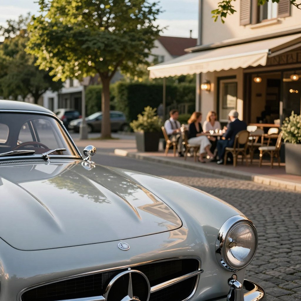 A vintage Mercedes car, showcasing its classic design with sleek curves and polished chrome accents, parked gracefully on a tree-lined street. In the foreground, the gleaming hood ornament reflects sunlight, highlighting the meticulous craftsmanship. The middle ground features a well-maintained, vintage-style road with cobblestones, leading to a quaint café with outdoor seating, where elegantly dressed individuals are discussing classic cars. In the background, a soft-focus view of lush green trees and a serene blue sky enhances the nostalgic atmosphere. The lighting is warm and golden, suggesting late afternoon, with a shallow depth of field to emphasize the car’s details. The overall mood conveys elegance and a sense of timeless beauty, inviting viewers to appreciate the classic Mercedes as a symbol of value and heritage.