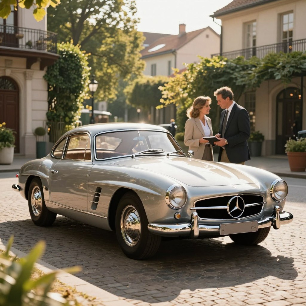 A vintage Mercedes car, specifically a classic model from the 1960s, prominently displayed in the foreground, gleaming under natural sunlight to highlight its sleek curves and timeless elegance. The vehicle is parked on a cobbled street, surrounded by lush greenery and period-appropriate buildings that evoke a sense of nostalgia. In the middle ground, a well-dressed couple in professional attire examines the car, conveying the idea of enthusiasts appreciating its vintage allure. The background features soft-focus city architecture, enhancing the charm of the scene. The overall mood is warm and inviting, with a golden hour glow providing depth and richness to the colors, reflecting the fascination and investment surrounding classic Mercedes vehicles and their pricing factors.