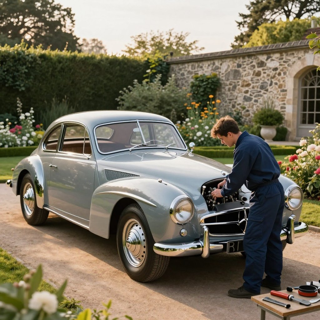 A vintage Mercedes classic car, reflecting the elegance of mid-20th century automotive design, situated in a serene, well-manicured garden setting. The car's polished chrome accents glimmer in the soft, warm light of a late afternoon sun, casting long shadows. In the foreground, a professional mechanic in a smart, navy-blue work shirt inspects the engine, showcasing expertise and care, while tools are neatly arranged on a nearby workbench. The middle ground features lush greenery and blooming flowers to evoke a sense of tranquility. In the background, a classic stone wall adds rustic charm. The overall mood is nostalgic yet professional, emphasizing the enduring value and beauty of classic Mercedes vehicles.