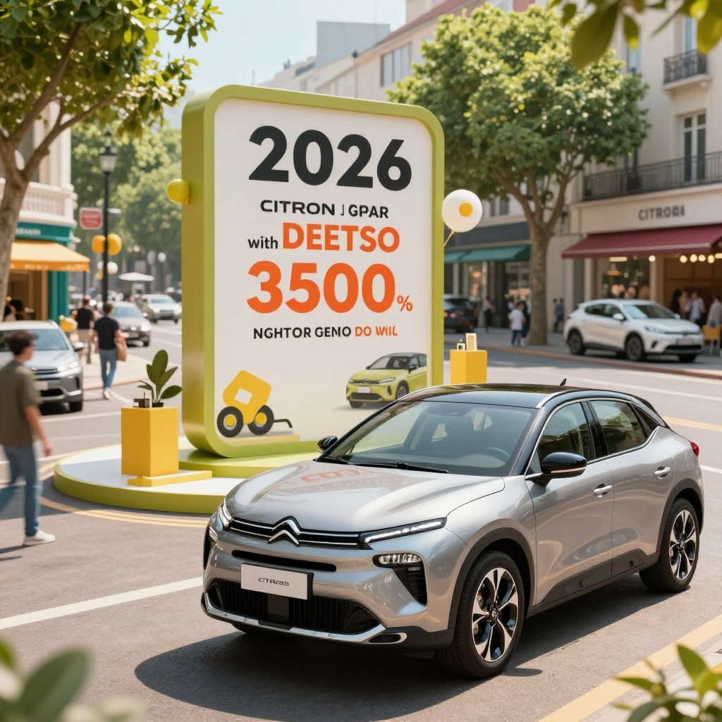 A visually appealing advertisement scene showcasing Citroën's promotions for 2026. In the foreground, a sleek, modern Citroën car gleams under bright natural lighting, emphasizing its refined curves and innovative design. The middle ground features an elegantly designed promotional display with eye-catching graphics highlighting key discounts and offers. Background elements include a vibrant, bustling city street lined with automotive showrooms and trees, suggested in soft focus to maintain emphasis on the car and promotion. The angle is slightly low, giving a dynamic perspective, and the atmosphere is lively and optimistic, inviting viewers to explore the attractive pricing options. The overall composition conveys excitement and anticipation about the future of Citroën vehicles.