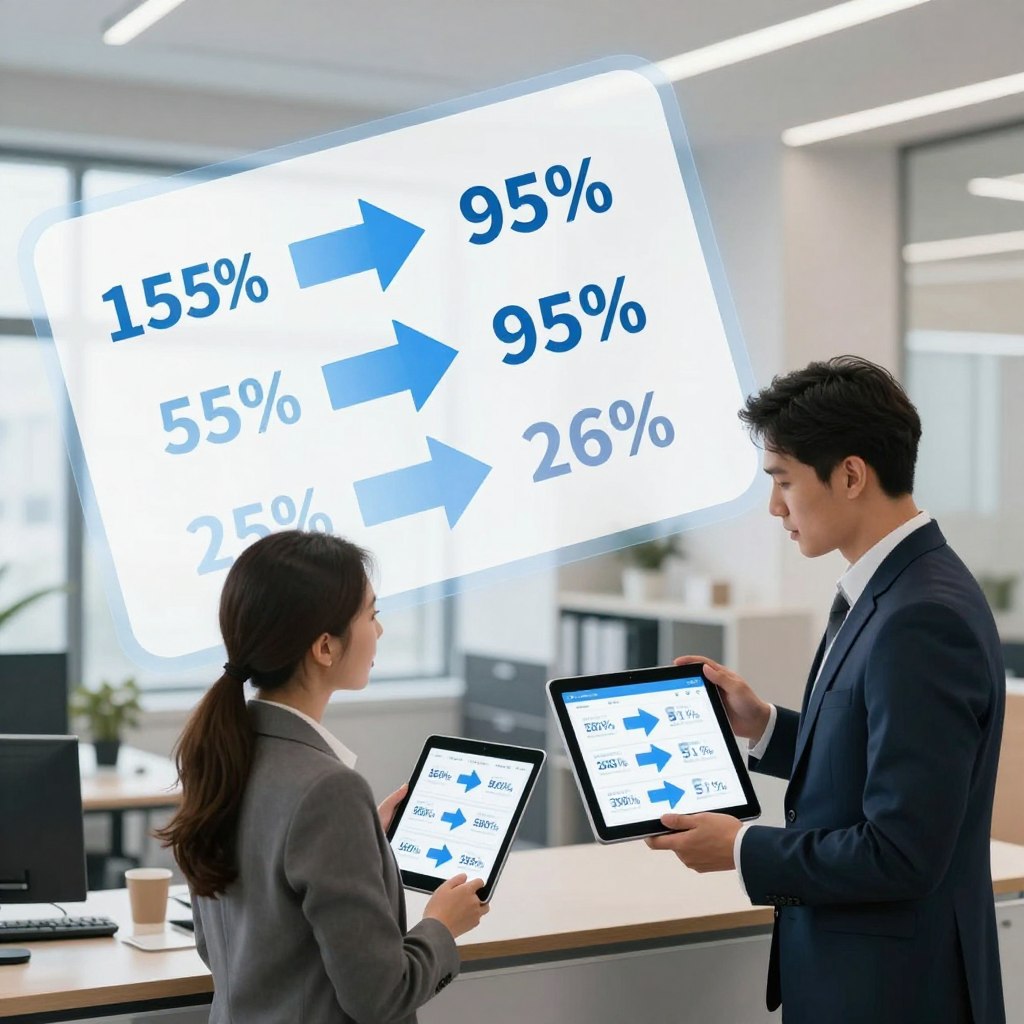 A visually engaging and informative image depicting a price comparison scene. In the foreground, showcase two professional-looking individuals, one male and one female, each standing beside a digital display or tablet showing various prices of similar products. They are dressed in smart business attire, focused and engaged in discussion. In the middle ground, include a large, stylized infographic with arrows and price tags that illustrate different pricing options and comparisons. The background should feature an office environment with blurred elements like a modern desk, filing cabinets, and a window with a soft daylight glow. Use a dynamic angle, slightly tilted to enhance depth, creating an energetic and professional atmosphere that emphasizes effective price comparison methods. The lighting should be bright, conveying a sense of clarity and insight.