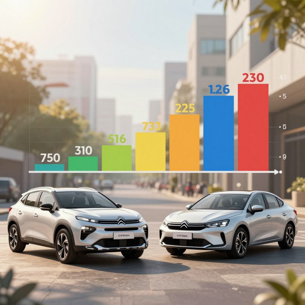 A visually engaging comparison image showcasing the prices of Citroën SUVs and sedans in a clear, informative layout. In the foreground, a stylized split-screen featuring the sleek design of a Citroën SUV on one side and a modern Citroën sedan on the other. The middle ground displays a price bar graph, artistically integrating the vehicles, with price tags highlighted in contrasting colors. The background is a blurred urban setting, evoking a sense of modernity and lifestyle associated with these vehicles. The scene is illuminated with warm, natural lighting to create an inviting atmosphere, shot from a slightly elevated angle for an impactful perspective. The overall mood is professional and analytical, suitable for an automotive market discussion. No text or logos are included in the image.