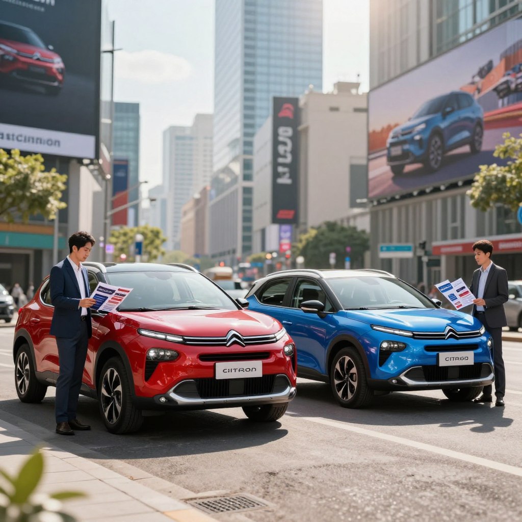 A visually engaging comparison of Citroën promotions against competitor offerings. In the foreground, two stylish Citroën cars in vibrant colors (e.g., bright red and sleek blue) are parked side by side on a modern urban street. To the left, a well-dressed business professional, in a tailored suit, is analyzing promotional brochures showcasing special offers, while on the right, a similarly dressed competitor representative is presenting their own promotional materials. The middle ground features a bustling cityscape, with skyscrapers and billboards displaying car advertisements in soft-focus. The background includes a bright sky, suggesting a cheerful atmosphere. Natural sunlight bathes the scene, creating appealing highlights and shadows. The angle captures both vehicles and their respective representatives, emphasizing the competitive nature of automotive promotions in a dynamic environment.