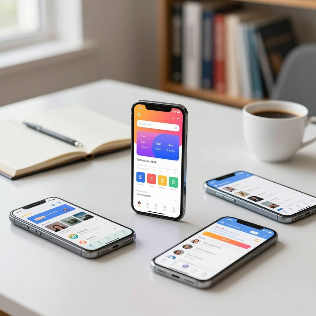 A visually engaging comparison of different mobile applications, displayed on sleek smartphones arranged on a clean, modern desk. In the foreground, feature three devices showing diverse user interfaces of popular comparison apps with vibrant colors and easy navigation. The middle ground includes a notepad and a cup of coffee, symbolizing an analytical mindset. In the background, softly blurred office elements provide context, including a bookshelf filled with industry-related books. The scene is illuminated by natural light coming from a nearby window, creating a warm and inviting atmosphere. Capture this composition with a shallow depth of field and a slight angle, enhancing the focus on the apps while maintaining an organized and professional look. The overall mood is productive and informative.