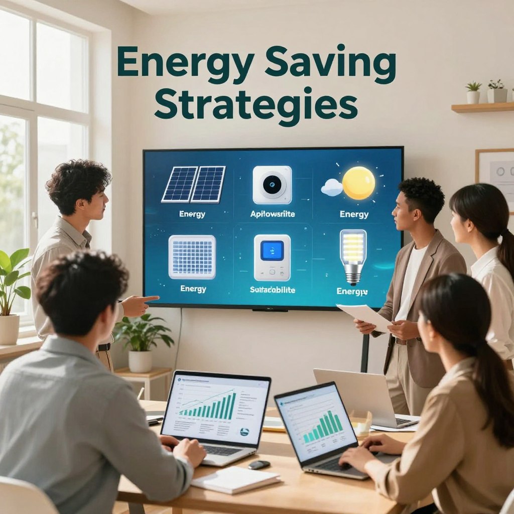 A visually engaging concept representing "Energy Saving Strategies," featuring a bright, well-lit room with modern eco-friendly appliances. In the foreground, a diverse group of professionals dressed in business attire are collaborating, examining charts on energy consumption and sustainability practices. The middle ground shows an interactive digital display illustrating various energy-saving methods, such as solar panels, smart thermostats, and LED lighting. The background features windows allowing natural light to flood in, symbolizing harnessing energy efficiently. Soft, warm lighting creates a conducive atmosphere for creativity, while green plants add a touch of nature, promoting a sense of sustainability. The overall mood is optimistic and forward-thinking, reflecting the importance of energy conservation.