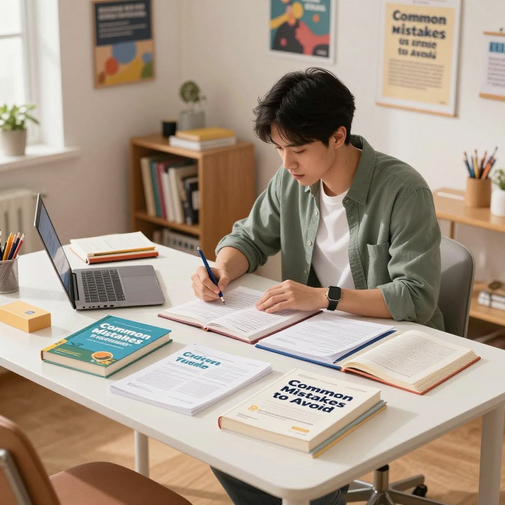 A visually engaging illustration of a beginner's guide setting dedicated to "Common Mistakes to Avoid." In the foreground, a professional-looking table displays a neatly organized array of study materials such as books, a laptop, and stationery items. The middle ground features a focused individual in smart casual attire, intently reviewing notes, with a look of concentration, embodying an atmosphere of learning and diligence. The background is a well-lit room filled with motivational posters on the walls and a bookshelf brimming with educational resources. Soft, diffused lighting casts a warm glow throughout, enhancing the inviting yet serious mood. The angle is slightly above eye level, capturing the essence of an inspiring study environment, ideal for beginners.