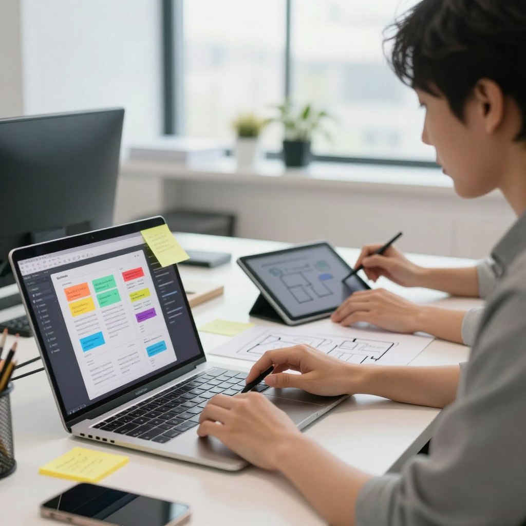 A visually engaging image of a digital workspace showcasing the process of creating an interactive guide. In the foreground, a well-organized desk is adorned with a laptop displaying colorful interface designs, sticky notes, and design tools. In the middle ground, a person in smart casual attire is focused on brainstorming with a digital tablet, surrounded by sketches and flowcharts. The background features a bright, modern office environment with large windows allowing natural light to flood the space, enhancing the atmosphere of creativity and productivity. Use a shallow depth of field to emphasize the foreground details while gently blurring the background, creating a sense of depth. The overall mood is inspiring and dynamic, ideal for encouraging the pursuit of guide creation.