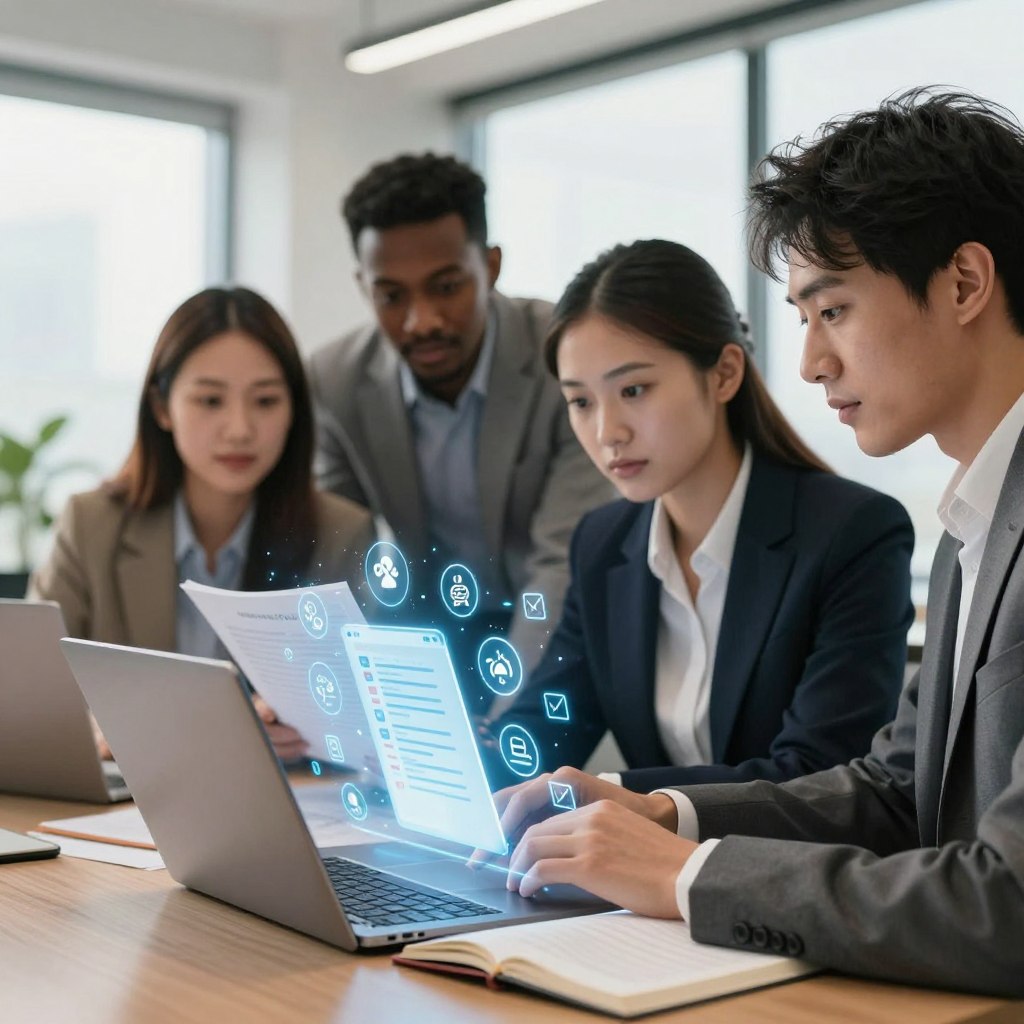 A visually engaging scene that represents the concept of an online guide for beginners. In the foreground, a diverse group of individuals—two women and one man—gather around a laptop, dressed in professional business attire, deeply focused on the screen. The middle ground features a large, open book and a glowing holographic interface displaying icons of various topics like tutorials, tips, and checklists. In the background, a modern, bright office environment with large windows allows natural light to flood the space, creating a warm and inviting atmosphere. Soft shadows and a slight depth of field enhance the focus on the characters and their interaction with the guide. The overall mood is one of collaboration, learning, and empowerment.