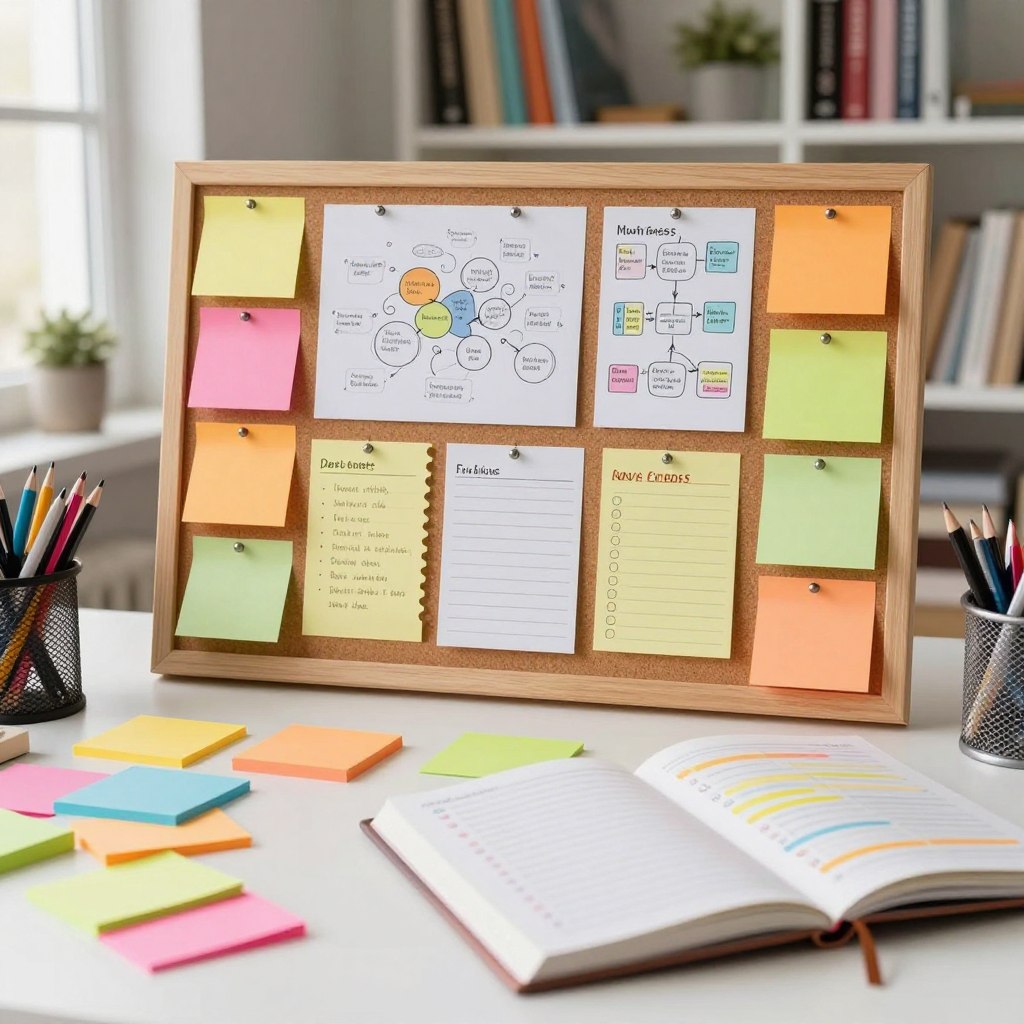 Uma cena de espaço de trabalho visualmente atraente, mostrando vários tipos de anotações usadas para aumentar a produtividade. Em primeiro plano, uma mesa organizada exibe post-its em cores vibrantes, um bloco de notas com tópicos escritos de forma clara e concisa e uma agenda aberta com seções destacadas. Em segundo plano, um mural de cortiça organizado exibe diferentes tipos de anotações, como mapas mentais, lembretes e listas de tarefas. Ao fundo, uma vista suavemente desfocada de estantes de livros repletas de livros motivacionais e materiais de escritório, banhadas pela luz natural e aconchegante que entra por uma janela próxima. A atmosfera é dinâmica, porém focada, enfatizando a criatividade e a organização, perfeita para impulsionar a produtividade. A composição deve transmitir a sensação de um ambiente de trabalho inspirador, sem textos ou distrações.