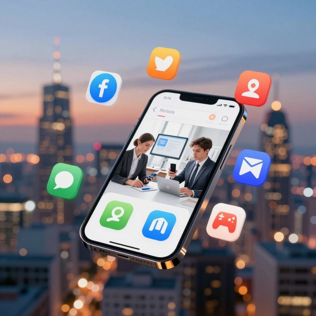 A visually impactful collage of the best mobile applications, arranged on a sleek, modern smartphone in the foreground. The phone is surrounded by dynamic icons representing various categories like finance, health, gaming, and productivity, showcasing their bright colors and distinct designs. In the middle ground, an abstract representation of a digital workspace with blurred outlines of people in professional attire collaborating over mobile devices. The background features a soft bokeh of a city skyline at dusk, with warm lights twinkling, creating an inviting atmosphere. The lighting is vibrant yet soft, casting gentle reflections on the smartphone screen, enhancing the mood of innovation and connectivity. The overall composition conveys a sense of exploration and modern technology.