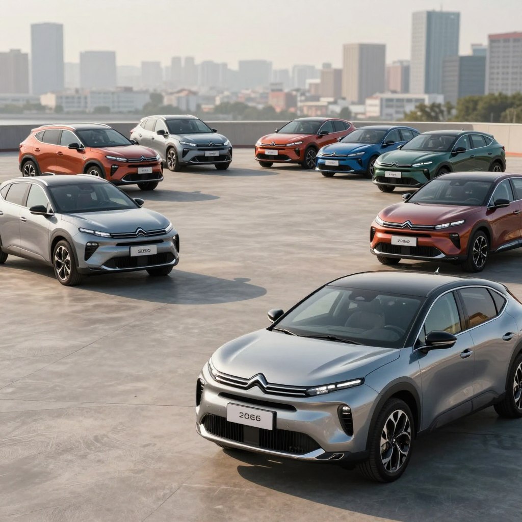 A visually striking comparison of Citroën's 2026 automotive offerings against competitors, featuring a sleek Citroën car model prominently in the foreground, displaying its modern design and innovative features. In the middle ground, show a diverse selection of competitor vehicles arranged in an engaging layout, highlighting key differences in style and engineering. The background should have a subtle cityscape, suggesting a contemporary urban environment. Use soft, natural lighting to enhance the vehicles' colors and create reflections on the cars' surfaces, while employing a shallow depth of field to keep the focus on the cars. The overall mood should be informative yet dynamic, evoking a sense of excitement about automotive innovation.