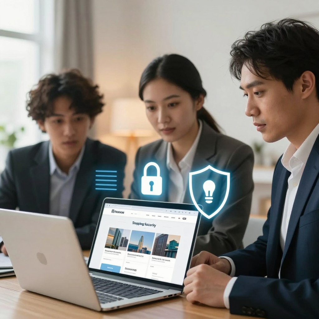 A visually striking composition representing online shopping security. In the foreground, a diverse group of three professionals, dressed in smart business attire, are gathered around a laptop displaying a secure shopping website. Their expressions convey focus and trust. In the middle, elements like a digital lock icon and a shield symbolize cybersecurity, integrated neatly into the laptop screen. The background features a softly blurred home office setting with warm, inviting lighting to create a safe and reassuring atmosphere. Use natural light spilling from a window, with a slight bokeh effect to emphasize the foreground. The overall mood should evoke a sense of safety and confidence in online purchasing.