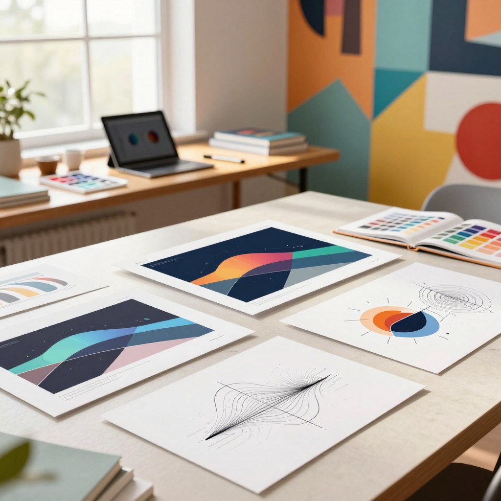 A visually striking illustration of various graphic models showcased in an inspiring layout. In the foreground, several distinct design prototypes, such as sleek digital mock-ups and creative sketch artifacts, are arranged on a minimalist table with a soft texture. The middle ground features an artist’s workspace, including tools like a tablet, color palettes, and design books, illuminated by warm, diffused natural lighting from a large window. The background displays an abstract mural, composed of bold geometric patterns and vibrant colors, evoking creativity and innovation. The overall atmosphere should feel inspiring and professional, embodying a contemporary design aesthetic with an organized, bright feeling. Capture the image from a slightly elevated angle to emphasize depth and perspective.