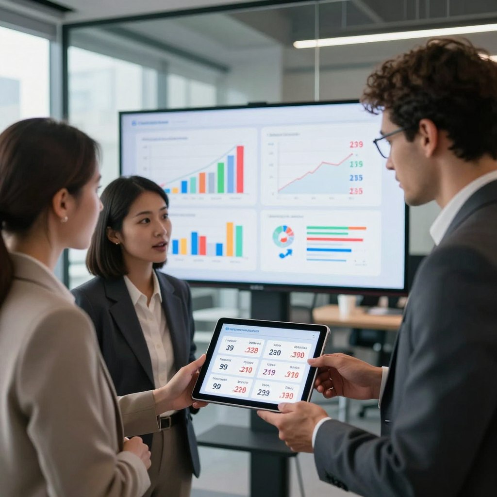 A visually striking image depicting a modern comparison of prices in a business context. In the foreground, a diverse group of three professionals—two women and one man—are gathered around a sleek digital tablet displaying various product options and their prices. The individuals are dressed in smart business attire, discussing animatedly. In the middle ground, a large screen or projection shows colorful graphs and charts illustrating price comparisons and trends. The background features a contemporary office environment with glass walls and an inspiring cityscape visible outside. Soft, natural lighting streams in, creating an inviting atmosphere. Capture a dynamic angle, emphasizing collaboration and the advantages of using comparative tools.