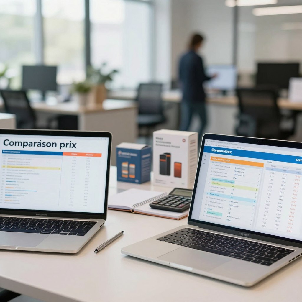 A visually striking image representing "Comparaison prix" for a market comparison article. In the foreground, two sleek laptops are open, displaying colorful price charts and comparison graphs. The middle ground features an elegant table with a notepad, a calculator, and a few product boxes symbolizing different market options. The background showcases a blurred office environment with soft natural light streaming through large windows, giving a professional atmosphere. Use a shallow depth of field to keep the focus on the foreground items, while retaining a hint of the bustling market atmosphere beyond. The mood should be informative and analytical, conveying a sense of careful examination and thoughtful decision-making.