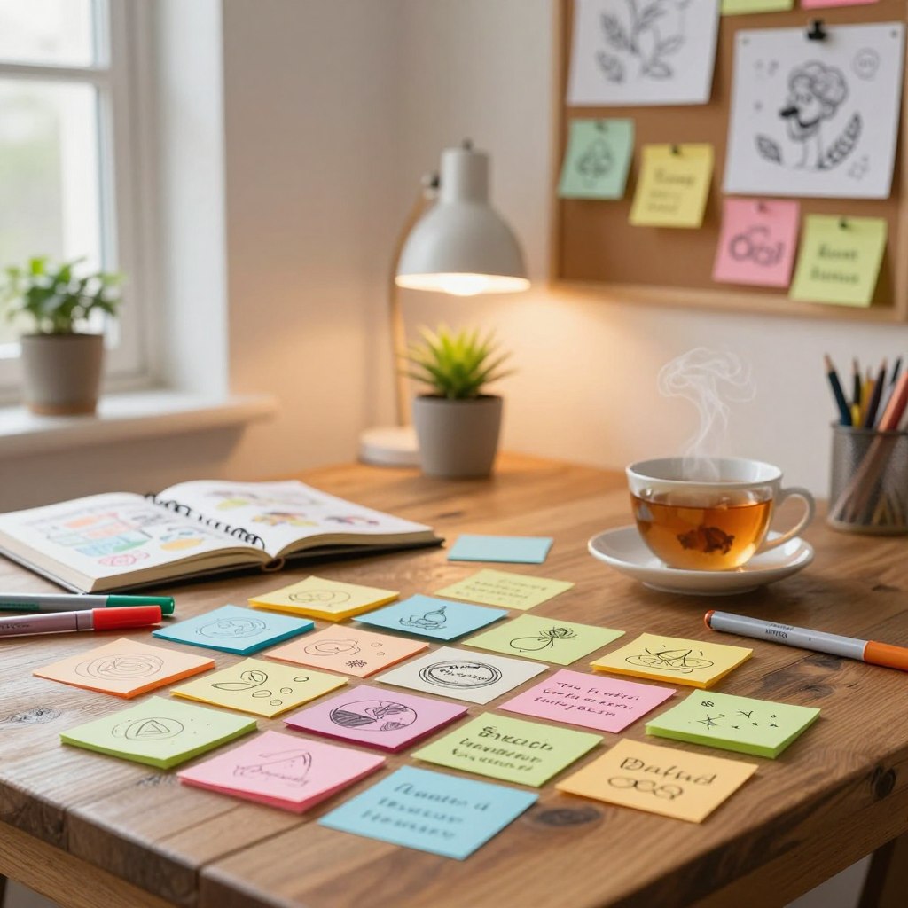 A warm, inviting workspace overflowing with creativity. In the foreground, a beautifully arranged collection of colorful sticky notes, each with unique artistic doodles and inspirational phrases, lies on a rustic wooden desk. Scattered around are vibrant markers, a creative sketchbook, and a steaming cup of herbal tea. In the middle ground, a softly glowing desk lamp illuminates a simple potted plant, providing a touch of nature. The background features a bright, airy wall with a corkboard filled with more notes and sketches, adding depth and context. The scene is bathed in soft, natural light streaming in from a nearby window, evoking a sense of calm and inspiration. The overall atmosphere is motivating and conducive to creativity.