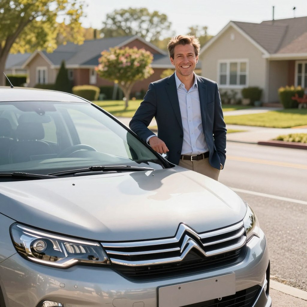 A well-maintained used Citroën car parked in a sunny suburban setting, showcasing its signature stylish design. In the foreground, focus on the vehicle's sleek lines and distinctive brand emblem, with polished chrome accents reflecting sunlight. In the middle ground, capture a friendly owner, dressed in smart casual attire, leaning against the car and smiling, embodying pride in their purchase. The background features a leafy neighborhood with modest houses and blooming gardens, conveying a sense of community and warmth. The lighting is bright and inviting, suggesting a pleasant afternoon, with soft shadows enhancing the car's contours. This image should evoke a feeling of satisfaction and reliability, perfect for illustrating testimonials from dedicated Citroën owners.