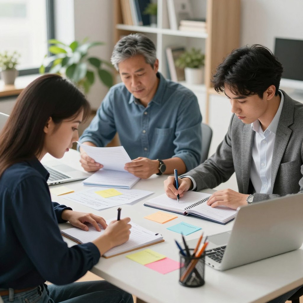 A well-organized study space featuring a diverse group of three professionals engaged in note-taking and revision activities. In the foreground, a young woman in smart casual attire is seated at a desk filled with colorful notes, a laptop, and stationery. In the middle, a middle-aged man reviews notes with a focused expression, while a younger professional beside him scribbles ideas onto a notepad. The background showcases a bright office environment with bookshelves and indoor plants, creating a vibrant atmosphere. Soft, natural lighting illuminates the scene, with a lens angle capturing the dynamic interactions and concentration of the individuals. The mood is productive and collaborative, emphasizing the importance of effective note-taking.