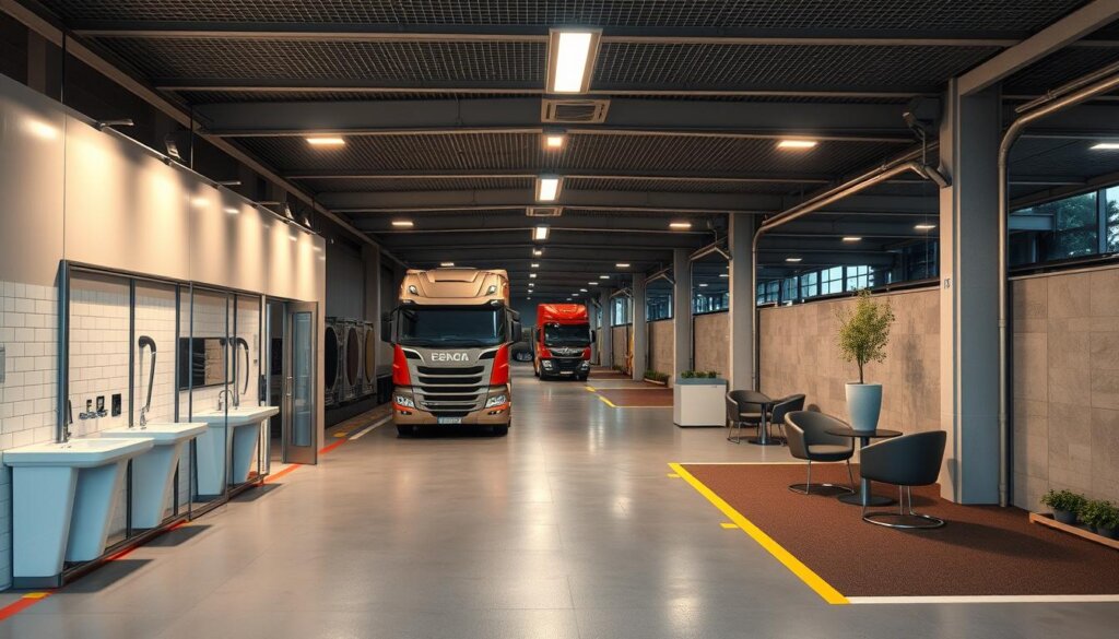 Aire de repos moderne adaptée aux besoins des femmes conductrices de camions en Europe