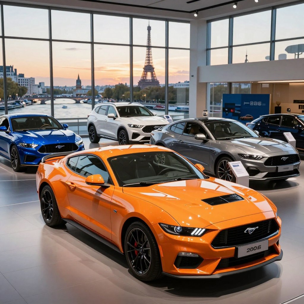 An array of Ford car models from 2026 displayed prominently in a sleek automotive showroom in France. In the foreground, a polished Ford Mustang gleams under soft, diffused lighting, showcasing its modern design and vibrant color. In the middle ground, several other models, including an SUV and a hatchback, are arranged stylishly with enticing price tags subtly indicated. The background features large windows revealing a vibrant cityscape of Paris, with iconic landmarks like the Eiffel Tower and the Seine River, bathed in the warm glow of early evening. The atmosphere is inviting and professional, embodying luxury and innovation, perfect for potential buyers. The angle is slightly low, capturing the impressive height of the vehicles and creating depth.