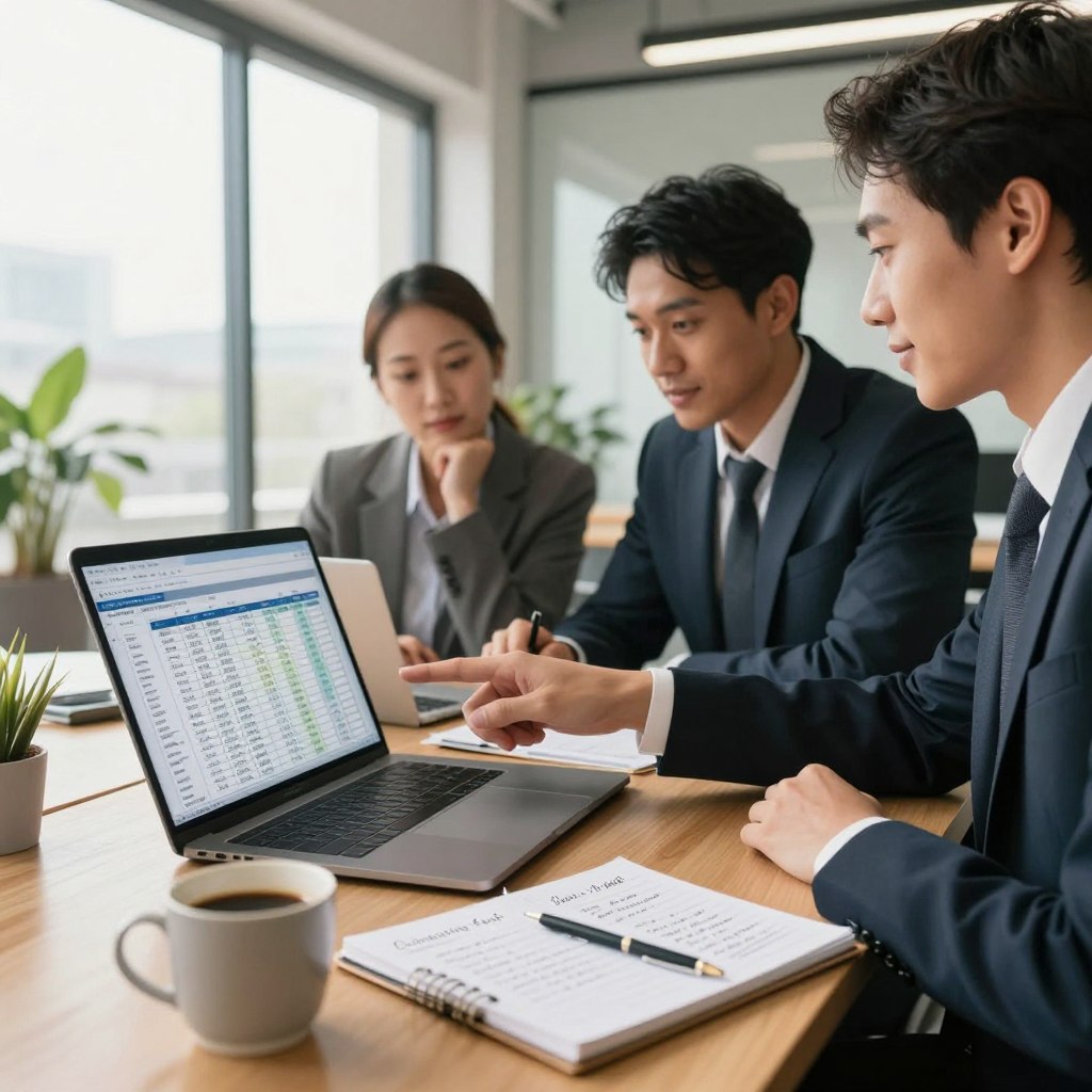 Un espace de travail élégant, avec un bureau professionnel et un ordinateur portable ouvert sur un tableur de budget. Au premier plan, un bloc-notes bien organisé, avec des notes claires sur les stratégies budgétaires, est posé à côté d'une tasse de café. À l'arrière-plan, trois professionnels aux profils variés, élégamment vêtus, discutent en collaboration, en désignant l'écran de l'ordinateur portable. Le décor révèle un bureau moderne, baigné de lumière naturelle grâce à de grandes fenêtres, créant une atmosphère accueillante et lumineuse. Une plante en pot apporte une touche de nature à l'espace, soulignant l'importance du travail d'équipe et de la planification financière. L'ambiance générale est à la productivité et à l'autonomie, tandis qu'ils travaillent à l'élaboration d'un budget.