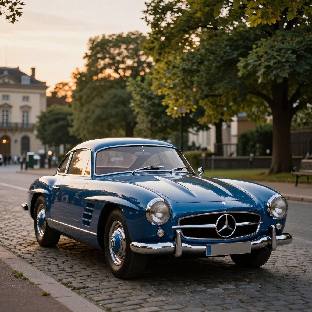 An iconic vintage Mercedes Marc model sits elegantly in the foreground, showcasing its sleek, polished curves and distinctive grille adorned with the classic three-pointed star emblem. The car's rich color, a deep royal blue, reflects sunlight, highlighting its immaculate chrome details. In the middle ground, lush green trees and a charming cobblestone street enhance the classic European atmosphere. The background features a softly blurred historic building, hinting at a serene park setting. The scene is illuminated by warm golden hour lighting, casting gentle shadows and creating a nostalgic mood. The angle is a low perspective, emphasizing the car’s grandeur against a twilight sky. The image evokes a sense of luxury and timelessness, perfect for showcasing an emblematic model of Mercedes Marc.