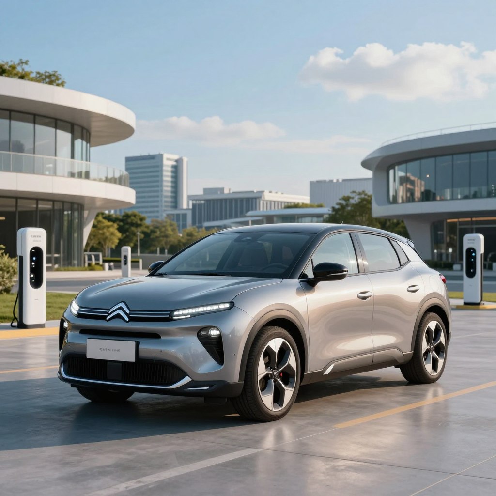 An innovative Citroën electric car, showcasing cutting-edge technology and design, prominently displayed in the foreground. The car features sleek lines, a futuristic silhouette, and glowing LED lights. In the middle ground, an elegant, modern cityscape is visible, with sustainable buildings and charging stations, hinting at a green future. The background includes a clear blue sky with a few fluffy clouds, symbolizing clean energy. The scene is illuminated by soft, natural sunlight, creating reflections on the car’s surface to enhance its features. The overall atmosphere is optimistic and forward-looking, emphasizing the advanced and eco-friendly technologies of Citroën's upcoming electric vehicles.