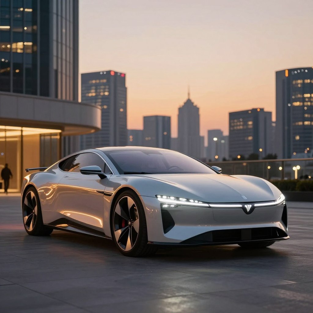 An innovative luxury car design showcased in a sleek urban environment. In the foreground, a futuristic car with smooth, aerodynamic lines, illuminated by ambient lighting reflecting its glossy finish. The car features advanced details like integrated LED headlights, a striking grille, and custom alloy wheels. In the middle ground, a stylish cityscape with modern architecture under a twilight sky, enhancing the luxury vibe. In the background, soft silhouettes of skyscrapers and glowing lights from nearby buildings. The scene is bathed in golden hour lighting, creating a warm, inviting atmosphere. The angle is slightly low to emphasize the car's grandeur, suggesting elegance and innovation in automotive design.