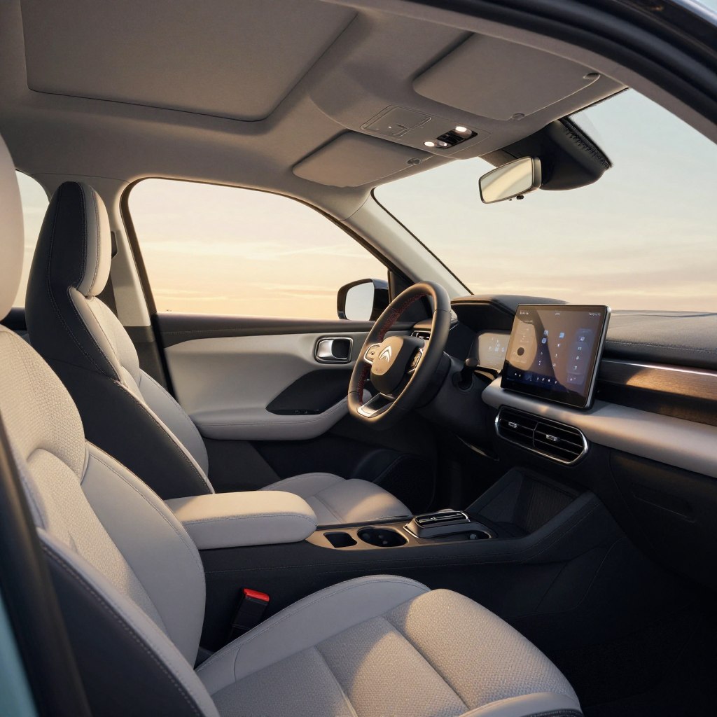An interior view of the 2026 Citroën C3, showcasing its modern and stylish design. The foreground features plush, ergonomically designed seats in a sleek, contemporary fabric. The dashboard is equipped with a digital display and intuitive controls, emphasizing a user-friendly interface. In the middle ground, ambient lighting casts a warm glow, highlighting the spaciousness and comfort of the cabin. Soft-touch materials and refined finishes contribute to a premium feel. The background is a panoramic window, allowing natural light to illuminate the interior, creating a welcoming atmosphere. Capture this scene from a slightly elevated angle to emphasize the overall layout and design aesthetics. The mood is fresh and inviting, ideal for showcasing a new generation of comfort in automotive interiors.