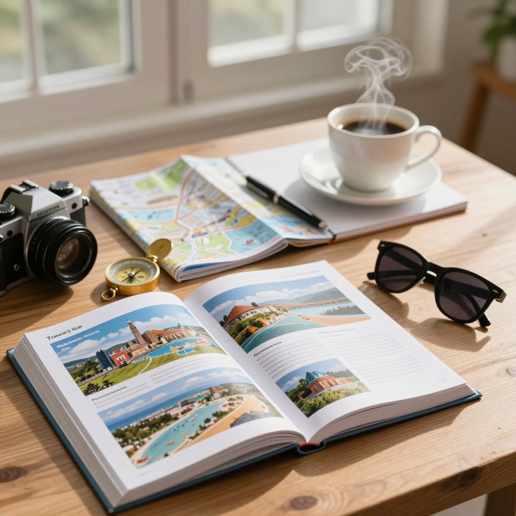 An inviting and well-organized travel guide on a wooden table, with a variety of travel essentials laid out. In the foreground, there's an open travel guidebook showcasing vibrant images of popular destinations, alongside a compass, a camera, and a pair of stylish sunglasses. In the middle, a neatly folded map and a notebook with a pen hint at planning and exploration, while a steaming cup of coffee sits invitingly. In the background, soft, diffused natural light streams through a nearby window, casting gentle shadows. The atmosphere is warm and inviting, evoking a sense of wanderlust and curiosity, perfect for beginners choosing the right guide. The composition is shot from a slight overhead angle to capture the details effectively while maintaining a professional ambience.
