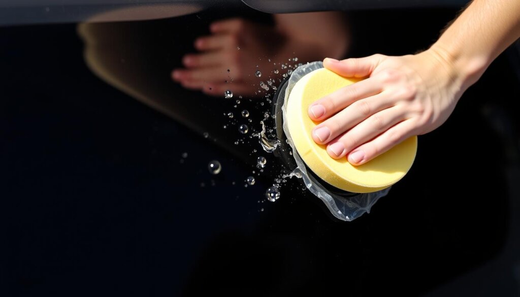 Application de cire de carnauba sur la carrosserie d'une voiture avec effet hydrophobe visible