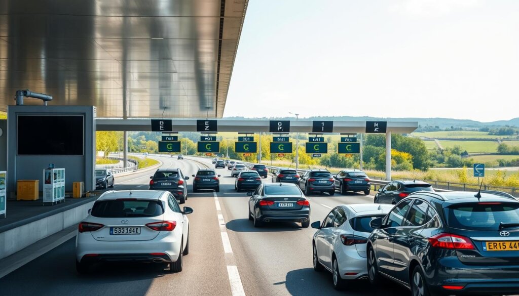 Autoroute française avec un péage sur la route menant au péage Paris-Portugal.