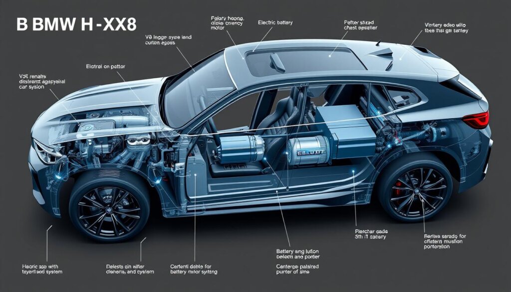 Composants du système hybride BMW X8, illustrant l'intégration de la puissance électrique et de la combustion.