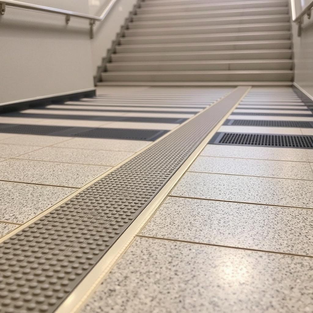 Bande d'éveil à la vigilance installée en haut d'un escalier public