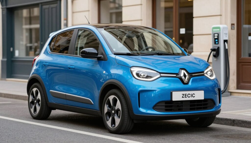 Blue Renault Twingo Electric 2026 parked on a city street with charging station visible in background