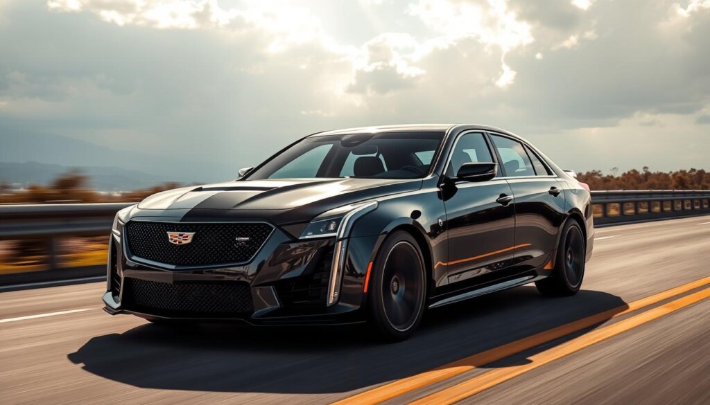 Cadillac CT5-V Blackwing 2026 noire avec transmission manuelle sur route américaine, montrant sa silhouette musclée et agressive