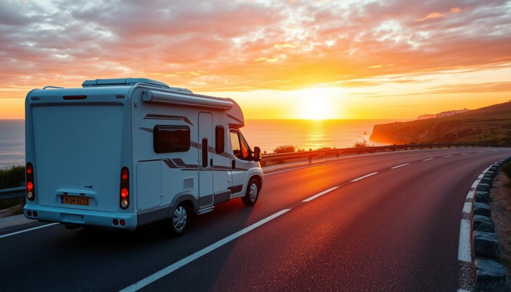 Un camping-car au coucher du soleil sur une route panoramique en France.