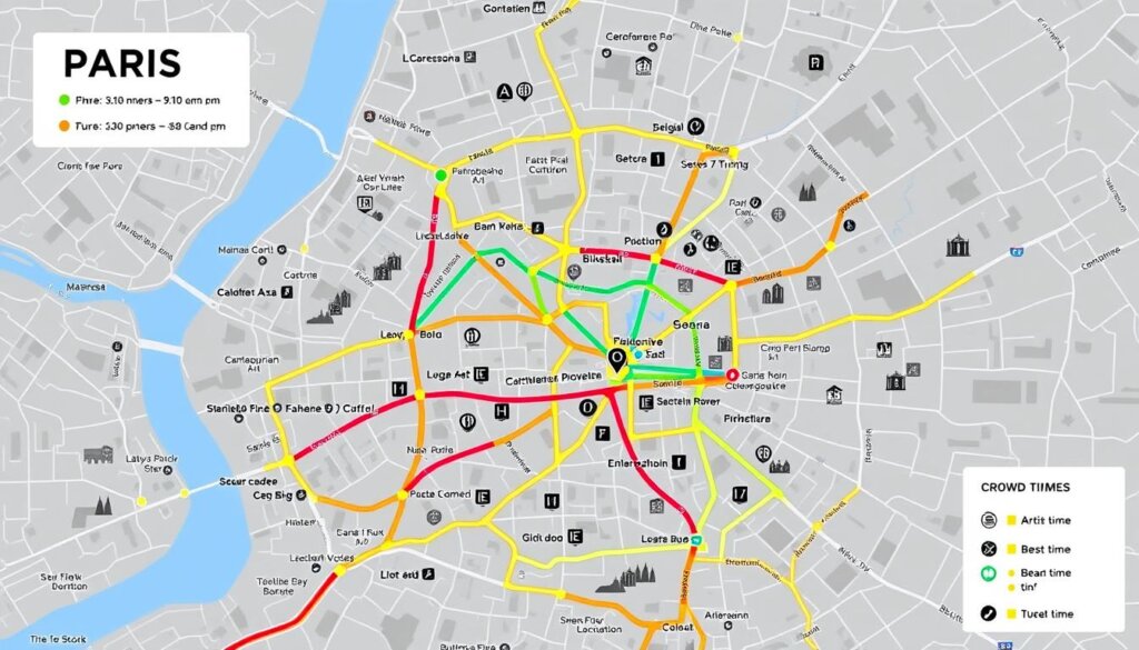 Carte des itinéraires optimisés à Paris montrant les meilleurs moments pour visiter chaque attraction Carte des itinéraires optimisés à Paris montrant les meilleurs moments pour visiter chaque attraction